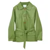 Kadınlar Gevşek Pu Faux Yumuşak Deri Yeşil Ceket Gümüşme Yaka Biker Palto Tek Göğüslü Cep Ceket Kemer Ile 210430