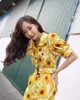 sunflowe printed pocket buttons bodysuits short puff sleeve turn down collar long pants summer resort jumpsuit womn belt 210421