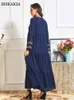 Elegant Ethnic Embroidery Maxi Dress for Women Fall Navy Blue Plus Size Long Sleeve Arabic Muslim Turkey Clothes 210517