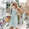 Chique plaid a-line midi vrouwen zomer idyllische boog lace-up smoking hoge taille casual elegante spaghetti jurk 210414