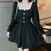 Japanese Autumn Women Mini Lolita Dress Square Collar With Lace Pink Plaid Beading Dress Flare Sleeve Cute Kawaii Feminine Dress 211110