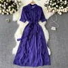 NEPLOE COURN W DÓŁ KOLLAR Krótki Rękaw Pojedynczy Sukienka Piersi Kobiety Wysokiej Talii Hip Sashes A Line Vestidos Pleat Ruffles Purple Robe 210510