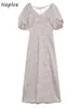 NEPLOE V Boyun Puf Kısa Kollu Elbise Kadınlar Vintage Baskı OL Mizaç Vestidos Yüksek Bel Kalça Bir Çizgi Aç Geri Robe Yaz C0607