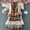 Elegant See Through Lantern Mouw Mesh Bloem Borduurwerk Stitching Lace Trims Hoge Taille Sweet Bow Party Long Dress 210416