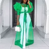 Spring O Neck Lantern Sleeve See Through Dresses Women Button High Waist Maxi Eveing Party Robes Plus Size with Belt XXL 210527