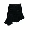 Women Autumn Velvet Pleated Mini Skirts Back Zipper Ruffles Black Fashion Sweet Street Female Elegant Casual Skirt Clothing 210513