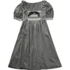 Kimutomo sommar klänningar kvinnor fyrkantig krage båge spets svart vit pläd hög midja smal kortärmad vestidos elegant 210521