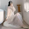 Sommar lång klänning elegant mesh ärm klänningar hög midja A-line solida tvådelade kronblad chic kläder 10123 210510