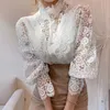 Pétala manga blusa stand gola oca out flower lace patchwork camisa de todas as mulheres blusas botão branco top ol elegante roupas