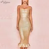 Summer Women's Bandage Bodycon Dress Rayon Sexig Golden Strapless Fishtail Celebrity Party Vestidos 210525