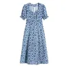 Chic Casual Puff Sleeve Vrouwen Maxi Jurken Plus Size V-hals Split Floral Jurk Zomer A-lijn Dames Robe Blauw Vestidos 210521