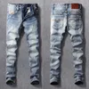 Italiaanse stijl mode mannen jeans retro blauw elastische slim fit rafelige gescheurde vintage ontwerper casual gat denim broek