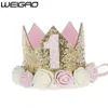 Weigao 1 шт. 1 2 3 день рождения Caps Цветочная корона 1-я шляпа новорожденного детка повязка на голову 1 год украшения