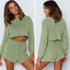 Jastie Mulheres Casual Dois Peças Definir Sólida Cor Suéter O-pescoço de Manga Longa Crop Top e Shorts Set Sexy Outono Winter Sweater 210419