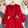 Singreiny Women Casual Holiday Dress Design Hollow V Neck Puff Sleeve Sashes A-Line Dresses Spring Fashion Streetwear Midi Dress 210419