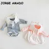 Lente Meisje Bodysuit Patchwork Sailor Collar Brother Sister Matching Jumpsuit Kinderen geboren Leuke stijlkleding E2355 210610