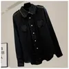 High Quality Heart Beading Pearls Satin Silk Shirt Women Sweet Patchwork Peter Pan Collar Buttons Up Elegant Loose Tops Summer 210416