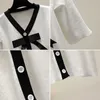 V Neckover Puff Short Sleeve Sticka tröja Kvinnor Vintage Print Loose Pull Femme Vår Sommar Outwear Sueter 210604