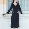 Noir Solide Vintage Longue Femmes Robe Printemps Élégant À Manches Longues Mi-mollet Col Marin Midi Fit et Flare Femme Vestidos 210603
