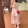 Zomer Koreaanse plaid vrouwen lange jurk korte mouwen vierkante kraag A-lijn geplooide jurken elegante mode dames vestidos 210518