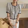 Women Plaid Panelled Blouse o-neck Short Puff Sleeve Loose Fit Shirt Fashion Casual Spring Summer 16F0799 210510