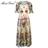 ファッション滑走路夏のドレス女性フレアスリーブプリーツ花のプリントエレガントな休暇中Midi Dress 210524