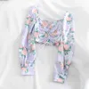 Camicia sexy primavera estate Donna Fasciatura floreale vintage Crop Top Tube Abiti coreani Manica a sbuffo Kawaii Short Female 210514