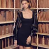 Höstlampa Sexig Long Puff Sleeve Bodycon Satin Dress Women Vintage Royal Square Neck Mini Dress Party Club Elastic Dress 210709