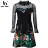 여름 패션 활주로 빈티지 드레스 여성 메쉬 긴 소매 수 놓은 꽃 무늬 라인 미니 드레스 210522