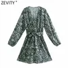 Zevity Women Vintage Vネックプリント弓ティーサッシミニドレス女性プリーツパフスリーブカジュアルスリムvestido DS5018 210603