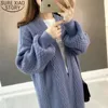 Upadek Kobiety Cardigan V-Neck Rękaw Puff Luźna Kurtka Kurtka Płaszcz Płaszcz Odzież Kobiet Casaul Knitwear Topy 10879 210417