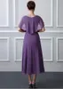 Zarif Çay Uzunluğu Gelin Elbiselerinin Annesi Kısa Mor Mor Şifon Düğün Konuk Elbise Mürettebat Boyun Kapağı Kılı