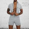 Cotton Jumpsuit Mens Overalls Casual Lapel Sleeve Rompers Solid Color Overall Single Breasted Romper Short Pants231m