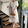 Yitimuceng Vintage Dresses for Women Cut Out Puff Sleeve Peter Pan Collar Unicolor Khaki White Sundress Summer Midi Dress 210601