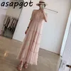 Abiti Chic Summer Sweet Ruffles Manica corta Rosa Colletto rovesciato Abito da donna lungo pieghettato Scava fuori Ragazze Corea Elegante 210429