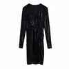 Women Summer Vintage Pleated Mini Dress Long Sleeve V-Neck Sequins Sexy Street Female Elegant Party Dresses Clothes Vestido 210513