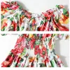Summer Elegant Off Shoulder Puff Sleeve Flower Women Beach Boho Petal Buttons Floral Print Elastic Waist Short Dress 210416