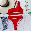 Wysoka talia Bikini Zestaw Jedno Ramię Damskie Swimsuit Hollow Out Swimwear Brazylijski Czerwony Czarny Bikinis Plaża Nosić kostium kąpielowy 210712