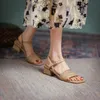 Sandals Woman Concise Style Narrowband Solid Beige Apricot Peep Toe Genuine Leather Ankle-Wrap Buckle Square High Heel Shoes Y0721