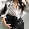 Turn Down Collar Blouse Women Shirt Fashion black and white Office Lady Button Long Sleeve loose Clothing 12724 210417