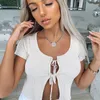 Sexy Cropped Top Lace Up Short Sleeve Hollow Out Front Split Hem O-Neck Slim Kobiety Moda Summer Sexy Streetwear 210527