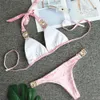 كريستال بيكيني مجموعة ضمادة المخملية الوردي ملابس السباحة المايوه النساء مثير ثونغ الذهب ستون شاطئ ارتداء 210629