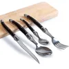 24 pcs / 6 conjunto de facas de bife forquilhas colheres de plástico alça Laguiole estilo talheres conjuntos de aço inoxidável cutelaria de madeira conjuntos de jantar 211012