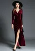 Autumn Winter Evening Party Dresses Velvet Women Elegant Ruched Sexy V Neck High Split Maxi Dress Vestido Longo 210416