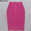 Beaukey Fuchsia Kvinnor Bandage Skirt Solid Slitage Till Arbete För Lady Fashion Knee Length Bodycon Plus Storlek XL 210629