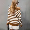 Свитер осень зима мода мешковатый свободно коричневый полосатый V шеи вязаные пуловеры джемпер свитера топы падение женская одежда 210415
