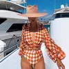 Vintage strój kąpielowy Kobieta z długim rękawem Stroje kąpielowe Kobiety Plus Size Kostium kąpielowy Drukuj Bandaż Letnie Monokini 210630