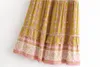 Богемный желтый цветочный принт длиной юбка Boho Holiday женщин шить дыры кружевные оборками шнуровка поток талии макси юбок 210429