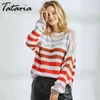 Tataria Women Long Sleeve Knitted Rainbow Striped Sweater Batwing Autumn Winter Jumpers Tops 210514