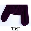 Trafの女性のセクシーなファッションの結び目のベルベットのトリミングブラウスヴィンテージVネックランタンスリーブ女性のシャツBlusasシックなトップス210415